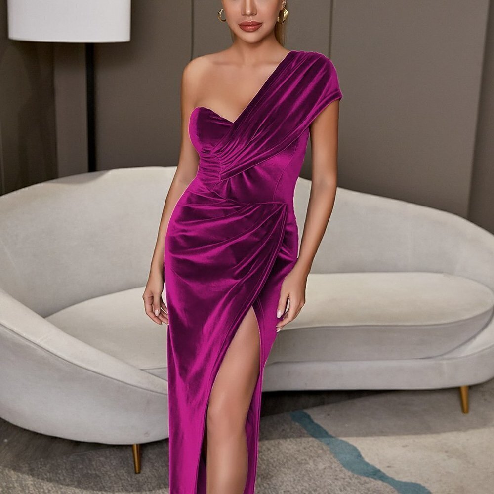 Hot Pink Preppy Womens One Shoulder Split Thigh High Waist Wrap Cocktail Dress - Picture 4 of 5